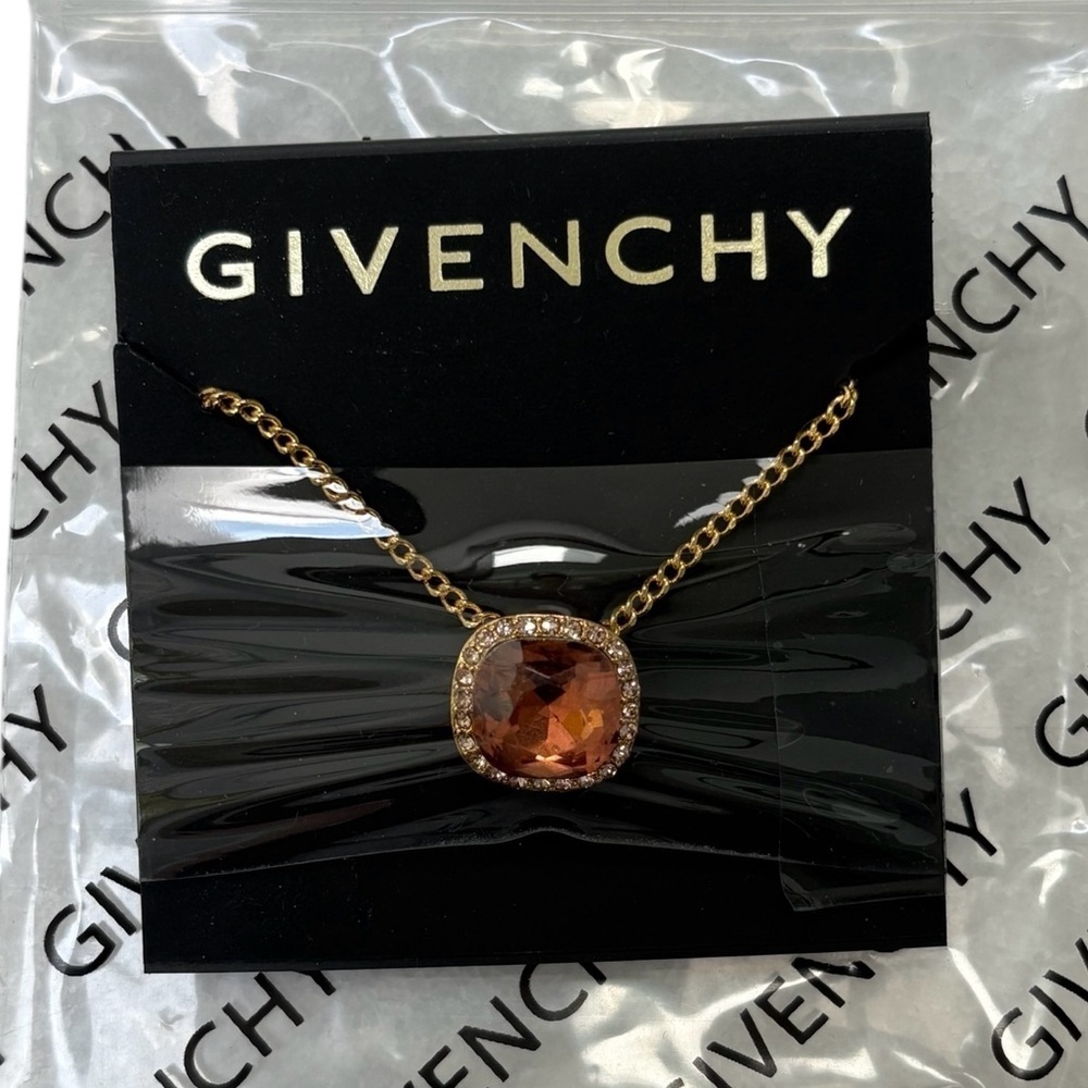 GIVENCHY Gold Necklace with Brown Crystal Pendant NWT